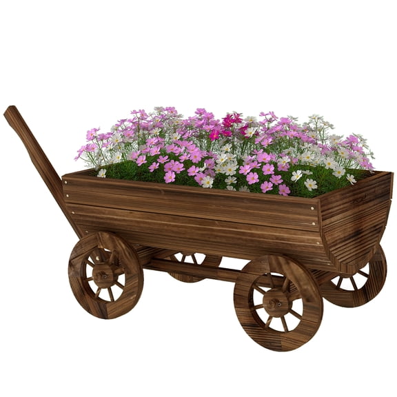 Wooden Wagon Planter Box, Mobile Garden Planter with 4 Wheels, Small Wheelbarrow Wagon Flower Cart with Drainage Hole