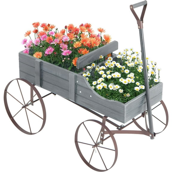 Wooden Wagon Planter, Decorative Garden Wheelbarrow Planter with 2 Planting Sections, Rolling Wheels, Adjustable Handle, Small Wagon Cart Planter Stand for Flowers Vegetables Herbs (Grey)