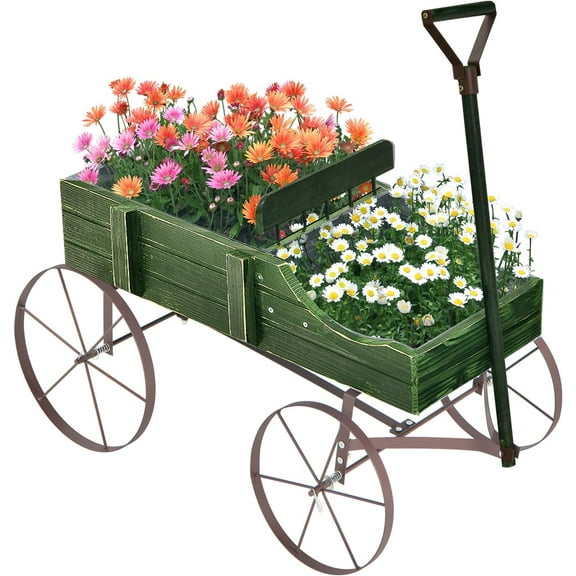 Wooden Wagon Planter, Decorative Garden Wheelbarrow Planter with 2 Planting Sections, Rolling Wheels, Adjustable Handle, Small Wagon Cart Planter Stand for Flowers Vegetables Herbs (Green)