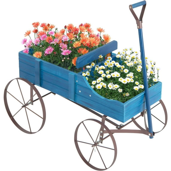 Wooden Wagon Planter, Decorative Garden Wheelbarrow Planter with 2 Planting Sections, Rolling Wheels, Adjustable Handle, Small Wagon Cart Planter Stand for Flowers Vegetables Herbs (Blue)