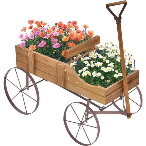 Wooden Wagon Planter, Decorative Garden Wheelbarrow Planter with 2 Planting Sections, Rolling Wheels, Adjustable Handle, Small Wagon Cart Planter Stand for Flowers Vegetables Herbs (Brown)