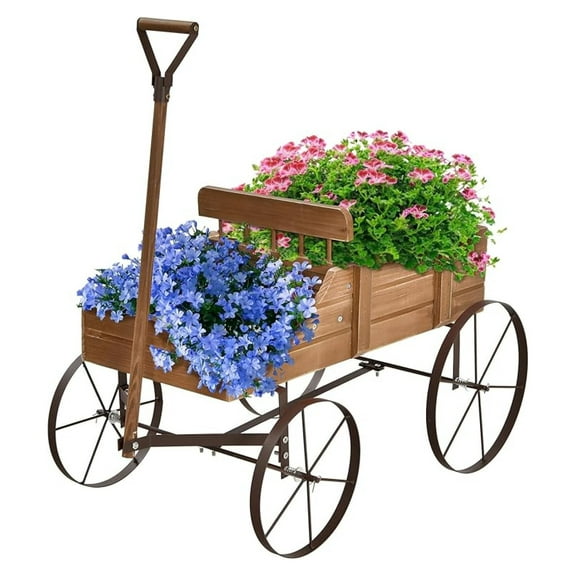 Wooden Wagon Planter with Wheels, Indoor/Outdoor Flower Cart w/Dual-Compartment & Adjustable Handle, Decorative Garden Planter for Home, Yard, Wedding (Brown)