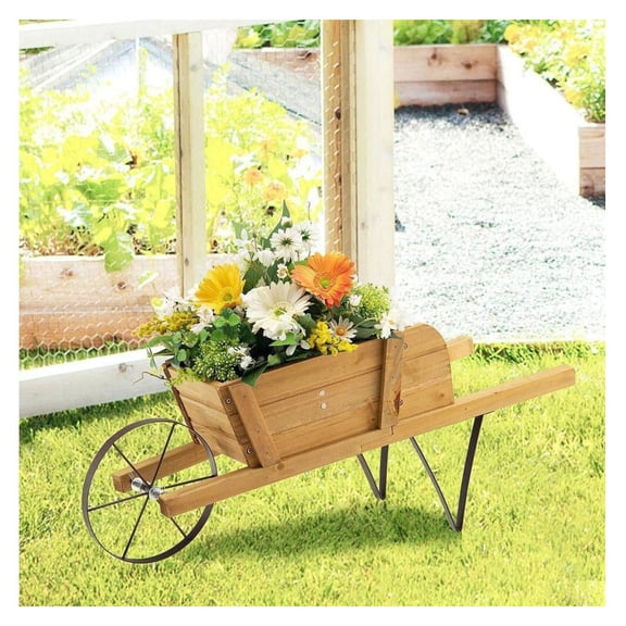 Wooden Wagon Planter with Magnetic Accessories - 27.5" Garden Flower Cart - Rustic Pine Wood Wheelbarrow for Indoor/Outdoor Plants & Holiday Decor