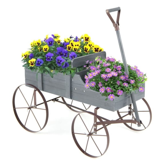 Wooden Wagon Planter with Metal Wheels - Garden Yard Décor - Red/Green/Brown/Gray - 24.5" x 13.5" x 24" - Outdoor Flower Bed