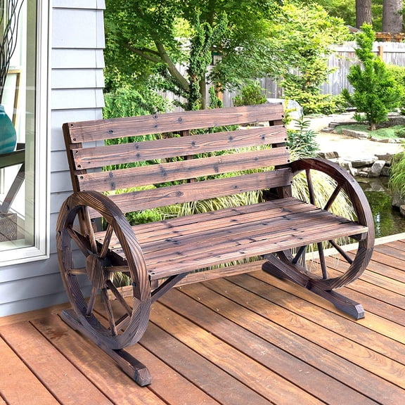 Wooden Wagon Wheel Bench Rustic Outdoor  Furniture, 2-Person Seat Bench with Backrest