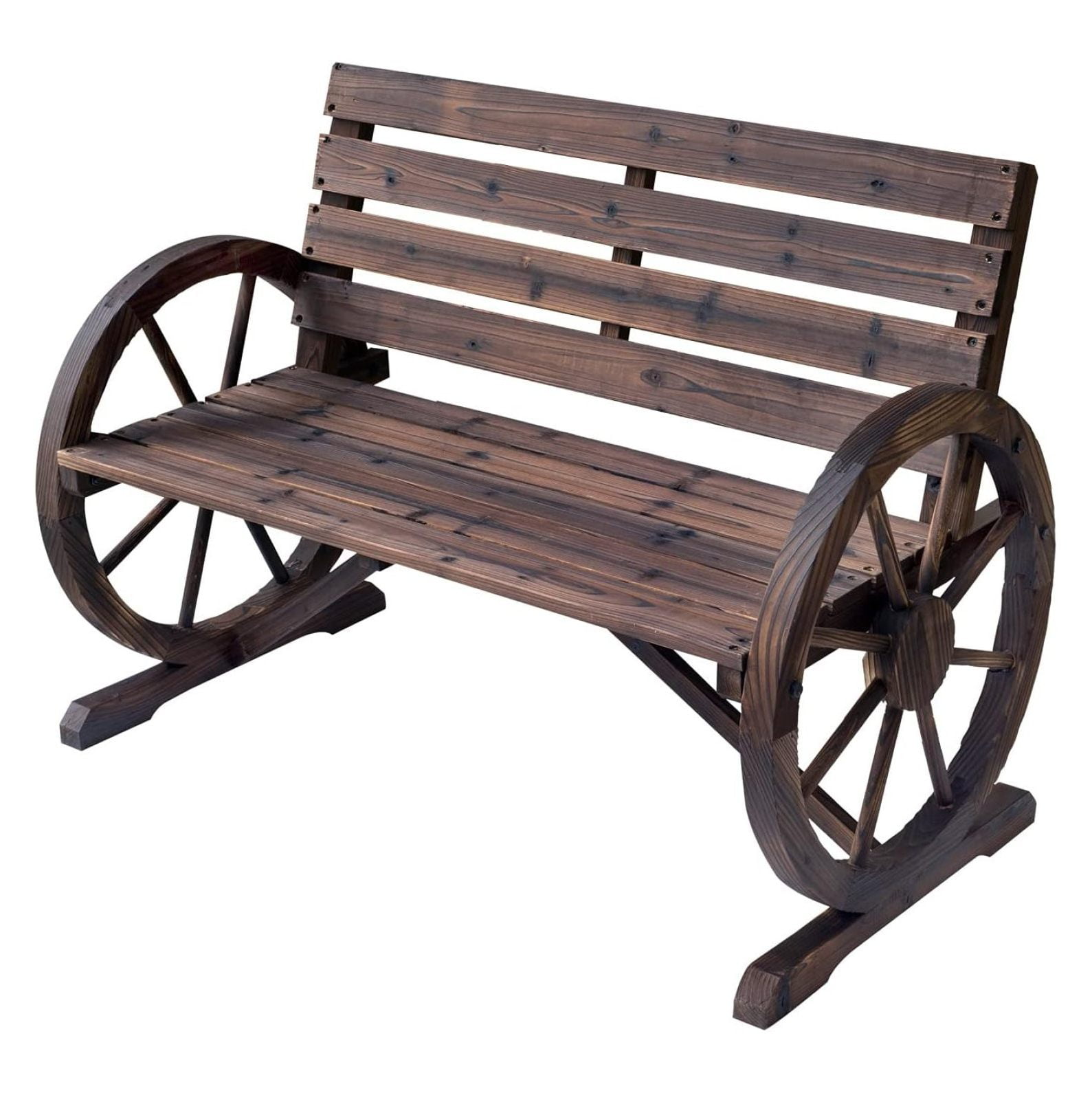 Rustic Fir Wood Wagon Wheel Bench, Carbonized Brown, 41.5" x 23.25"