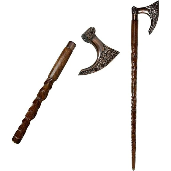 Wooden Walking Canes Adjustable Folding Walking Cane, 37" Inch, Engraved Wood, Brass Hammer Handle, 3 Fold, Non-Slip Tip, Cane for Senior, Men, Women, Gift, Newyear Eve, Vintage Stick