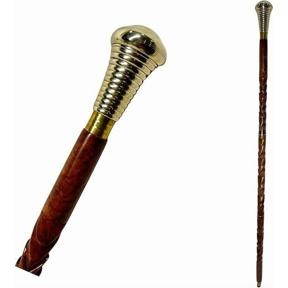 Wooden Walking Canes Adjustable Folding Walking Cane, 37" Inch, Engraved Wood, Brass Hammer Handle, 3 Fold, Non-Slip Tip, Cane for Senior, Men, Women, Gift, Newyear Eve, Vintage Stick