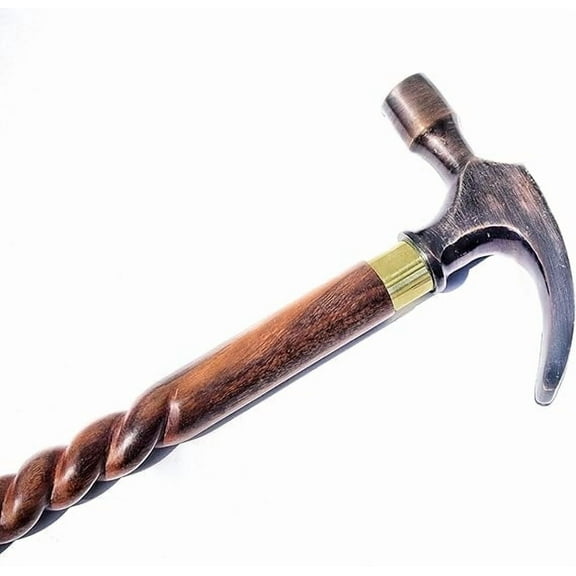 Wooden Walking Canes Adjustable Folding Walking Cane, 37" Inch, Engraved Wood, Brass Hammer  Head Handle, 3 Fold, Non-Slip Tip, Cane for Senior, Men, Women, Gift, Newyear Eve, Vintage Stick