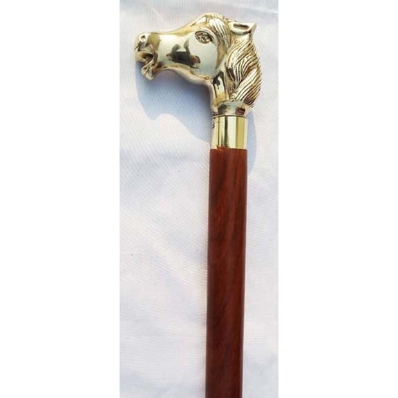 Wooden Walking Stick With Solid Fitted Brass Horse Head Simple Wooden Cane