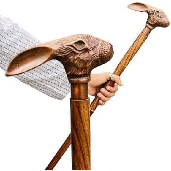 "Wooden Walking Stick for Hiking | Antique Rabbit Head Brass Handle Cane Twisted Hickory Victorian Style 35 Inches"