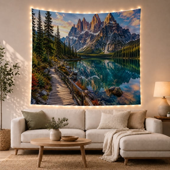 Wooden Walkway Beside a Turquoise Mountain Lake, Peaceful Rustic for Nature Lovers, Wilderness Wall Art, Housewarming Gift, Tapestry Wall Hanging for Bedroom and Living Room