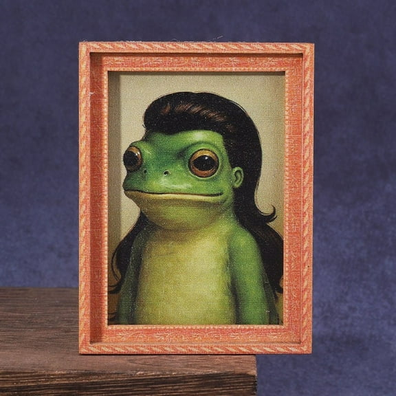 Wooden Wall Art Decor, 3X2.5 Inch Small Picture Frame Animal Wall Art, Funny Frog Portrait Art Work for Wall Decor, for Fridge Small Framed Art, Decorative Wooden Framed Fridge