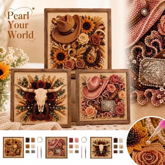 Wooden Wall Art Decor, Farmhouse Wall Decor, Western Wall Decor, Sunflower Wall Decor, Framed Wall Art 8X8 Inch, 3D Textured Pearl Embedded Artwork with Cowboy Hat, Horseshoe and