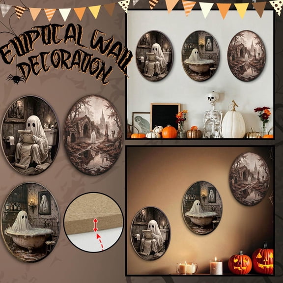 Wooden Wall Art Decor, Ghost Halloween Decor, Vintage Bathroom Wall Art, Funny Ghost on Toilet Bath Cemetery Pattern Hanging Wall Decoration, Gothic Bathroom Decor for Restroom
