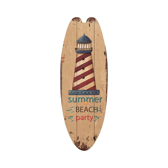 Wooden Wall Art Decor, Rustic Wall Art, 30X10 In, Surfboard Shape, Beach Wall Decor, Summer Party Decorations, Tan Base, Blue Accents, 1 Pc