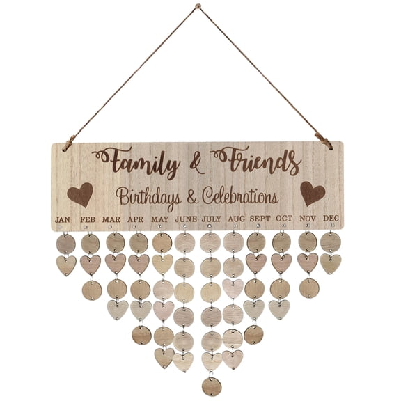 Wooden Wall Calendar Plaque for Family Birthday Reminder with Heart/Circle Tags Type 1