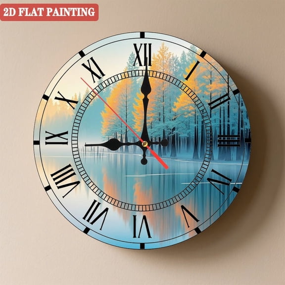 Wooden Wall Clock with Autumn Forest Lake Reflection, Silent Movement, Battery Operated (AA Batteries Not Included), Artistic Home Decor, 10×10inch (25×25cm)