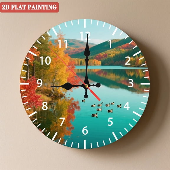 Wooden Wall Clock with Autumn Lake with Ducks Print Arabic Numerals for Artistic Home Decor, Battery Operated(AA Batteries Not Inclued), Silent Movement, Accurate Time, Size 9. 8in/25cm