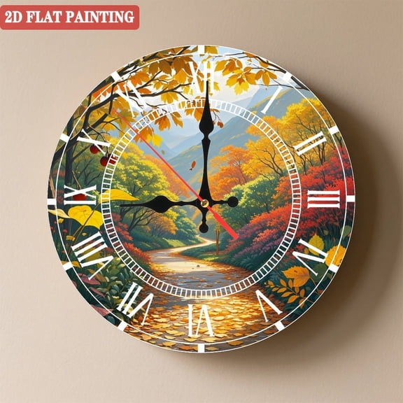 Wooden Wall Clock with Autumn Scenery Pattern Roman Numerals for Artistic Home Decor, Battery Operated(AA Batteries Not Inclued), Silent Movement, Accurate Time, Size 9. 8in/25cm
