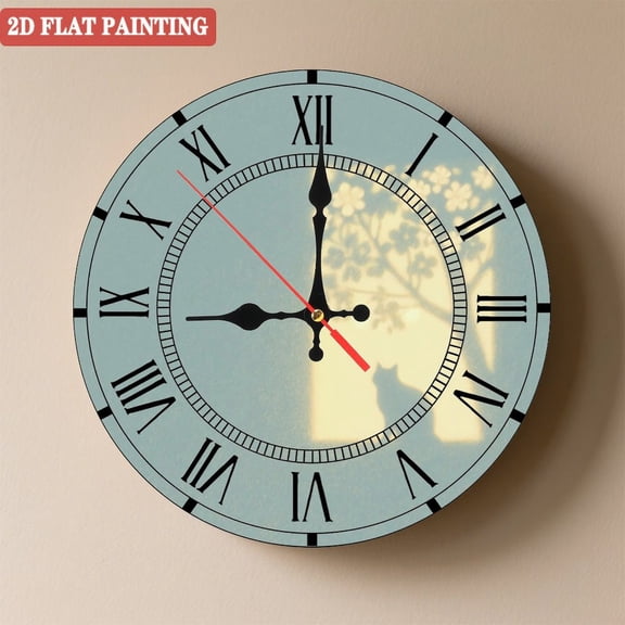 Wooden Wall Clock with Background with Cherry Blossom Tree & Cat Silhouette Pattern, Silent Movement, Battery Operated (AA Batteries Not Included), Artistic Home Decor, 10×10inch (25×25cm)