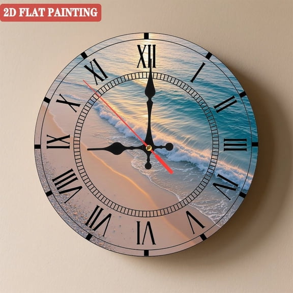 Wooden Wall Clock with Beach Wave & Seaside Sunset, Silent Movement, Battery Operated (AA Batteries Not Included), Artistic Home Decor, 10×10inch (25×25cm)