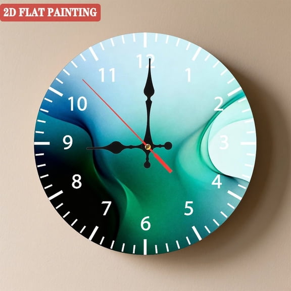 Wooden Wall Clock with Blue-Green Abstract Wave Pattern, Silent Movement, Battery Operated (AA Batteries Not Included), Artistic Home Decor, 10×10inch (25×25cm)