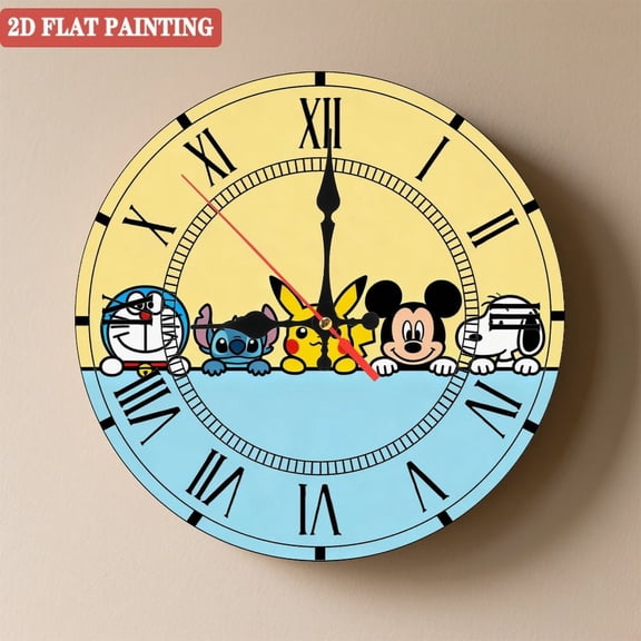 Wooden Wall Clock with Classic Cartoon Characters Pattern, Silent Movement, Battery Operated (AA Batteries Not Included), Artistic Home Decor, 10×10inch (25×25cm)