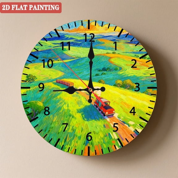 Wooden Wall Clock with Countryside Field Pattern, Silent Movement, Battery Operated (AA Batteries Not Included), Artistic Home Decor, 10×10inch (25×25cm)