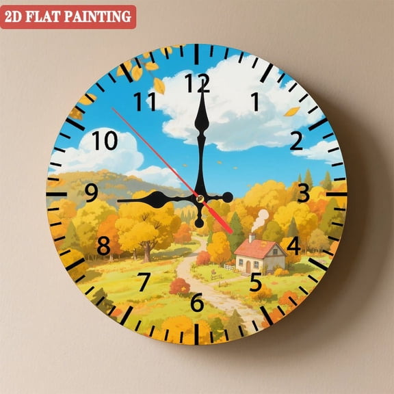 Wooden Wall Clock with Countryside Scenery Arabic Numerals for Artistic Home Decor, Battery Operated(AA Batteries Not Inclued), Silent Movement, Accurate Time, Size 9. 8in/25cm