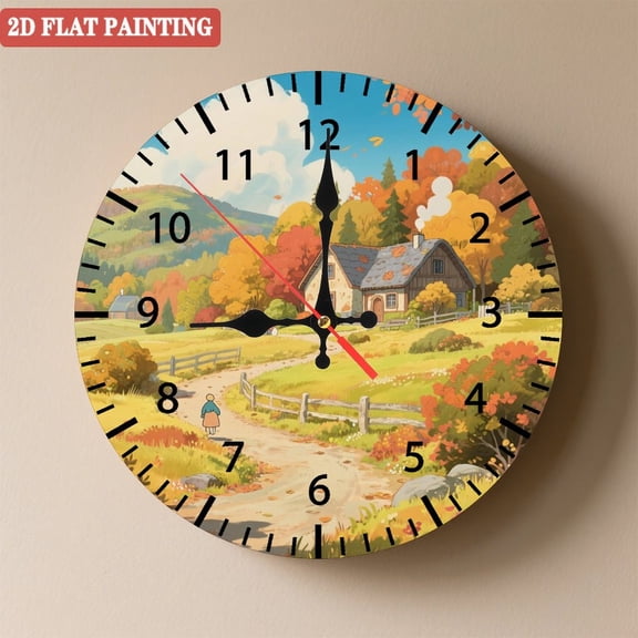 Wooden Wall Clock with Countryside Scenery Arabic Numerals for Artistic Home Decor, Battery Operated(AA Batteries Not Inclued), Silent Movement, Accurate Time, Size 9. 8in/25cm