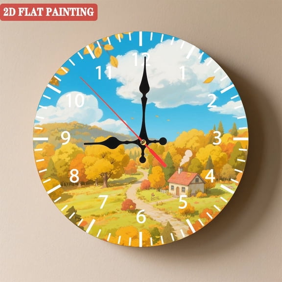 Wooden Wall Clock with Countryside Scenery Roman Numerals for Artistic Home Decor, Battery Operated(AA Batteries Not Inclued), Silent Movement, Accurate Time, Size 9. 8in/25cm