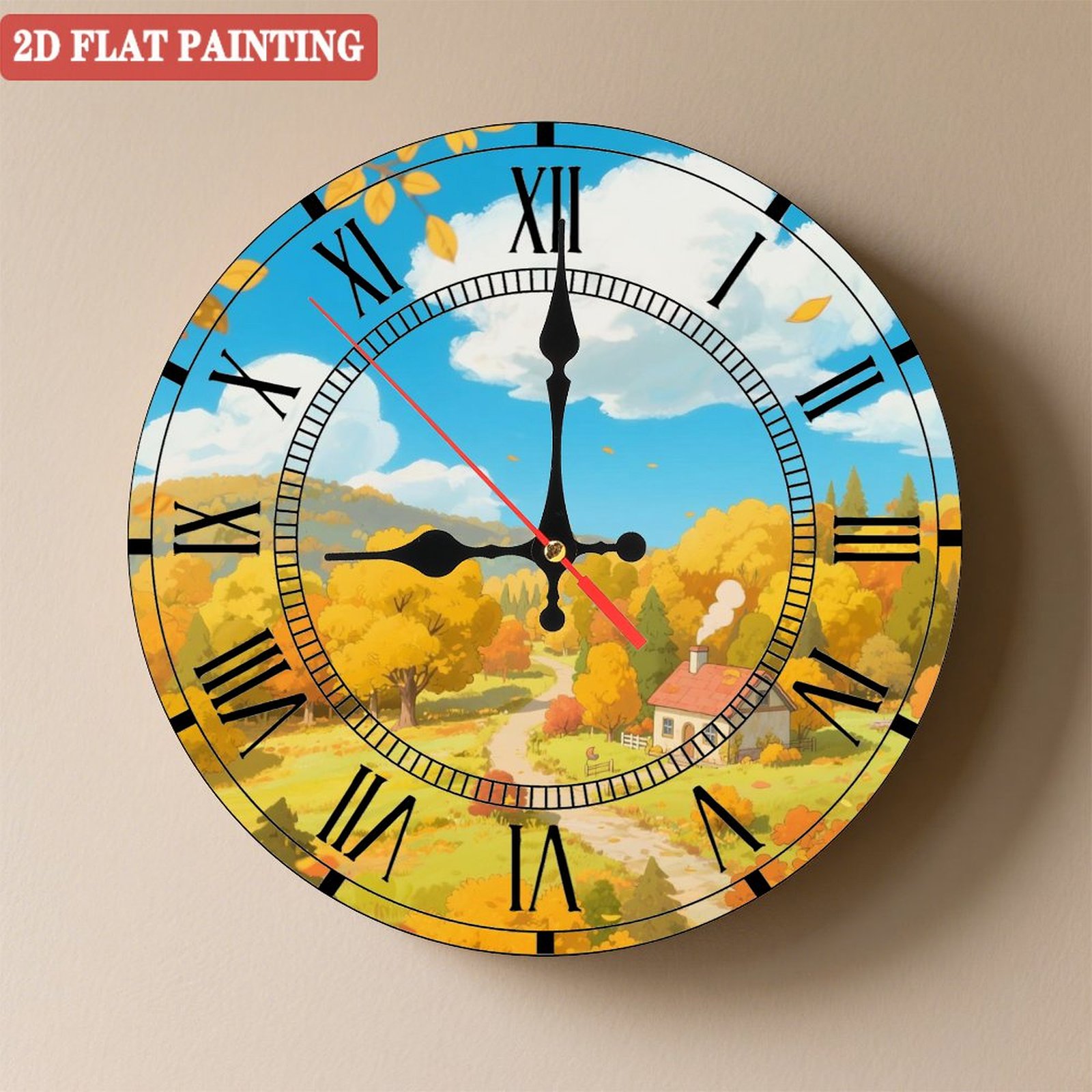 Clock Sencery Wooden Wall Clock with Countryside Scenery Roman Numerals for Artistic ...