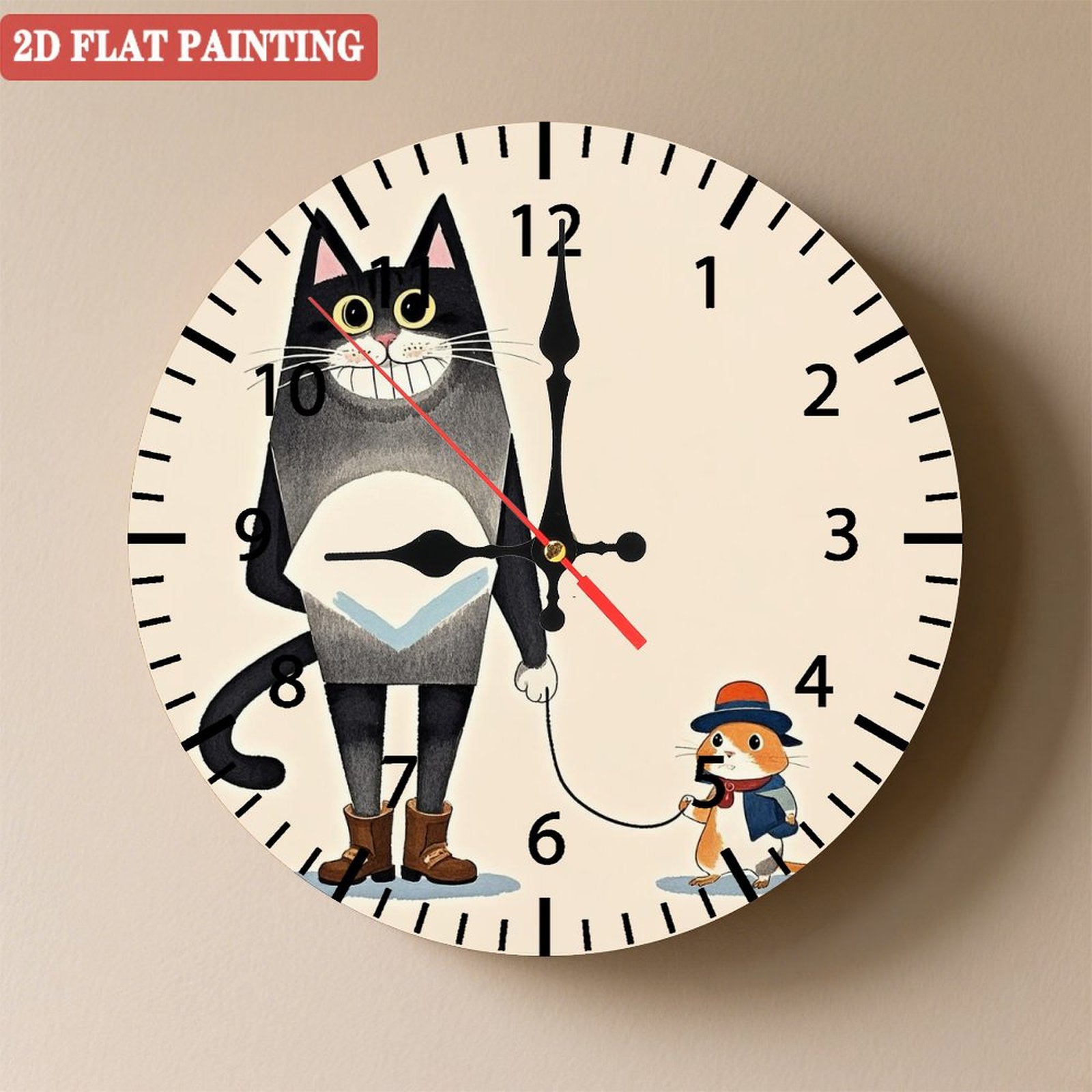 Human Cat Clock Wooden Wall Clock with Cute Anthropomorphic Black Cat & Hat-Wearing ...