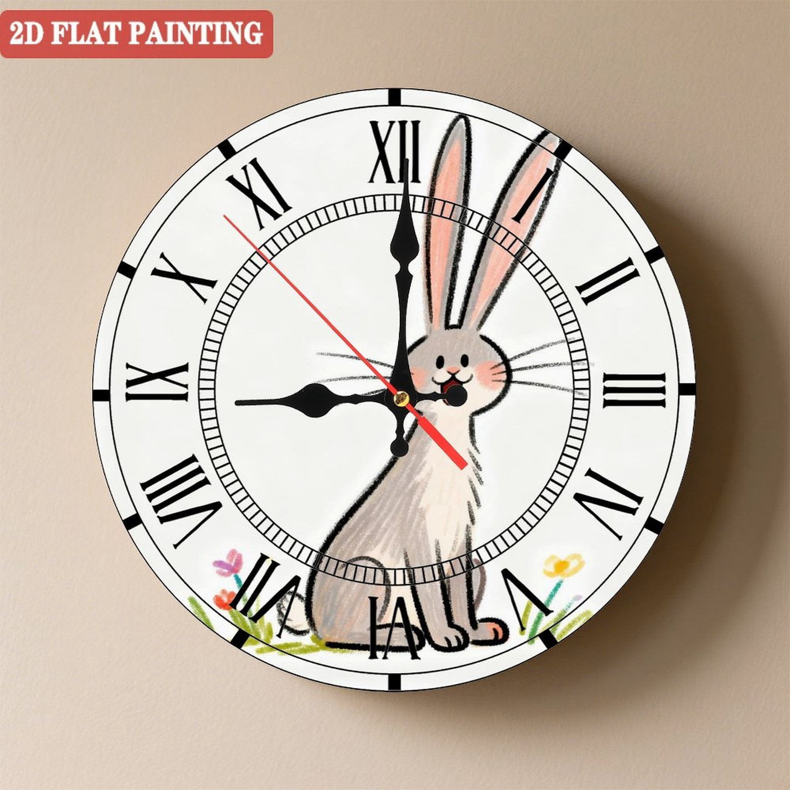 Clock Rabbit Bon Wooden Wall Clock with Cute Cartoon Smiling Rabbit, Silent Movement ...