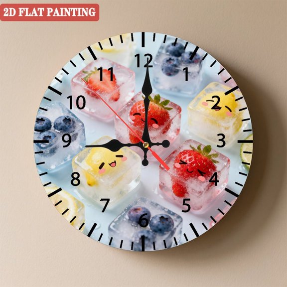 Wooden Wall Clock with Cute Smiling Fruit Ice Cube Pattern, Silent Movement, Battery Operated (AA Batteries Not Included), Artistic Home Decor, 10×10inch (25×25cm)