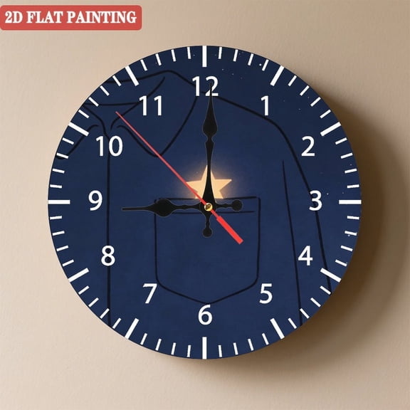 Wooden Wall Clock with Dark Navy Blue Background with Glowing Star Pattern, Silent Movement, Battery Operated (AA Batteries Not Included), Artistic Home Decor, 10×10inch (25×25cm)