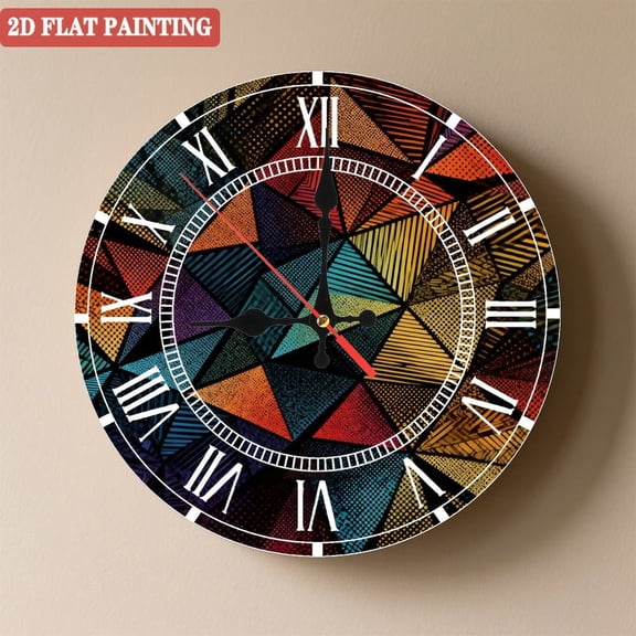 Wooden Wall Clock with Geometric Triangle Patchwork Pattern, Silent Movement, Battery Operated (AA Batteries Not Included), Artistic Home Decor, 10×10inch (25×25cm)