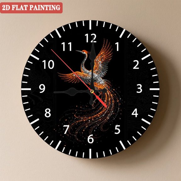Wooden Wall Clock with Golden Phoenix Pattern, Silent Movement, Battery Operated (AA Batteries Not Included), Artistic Home Decor, 10×10inch (25×25cm)