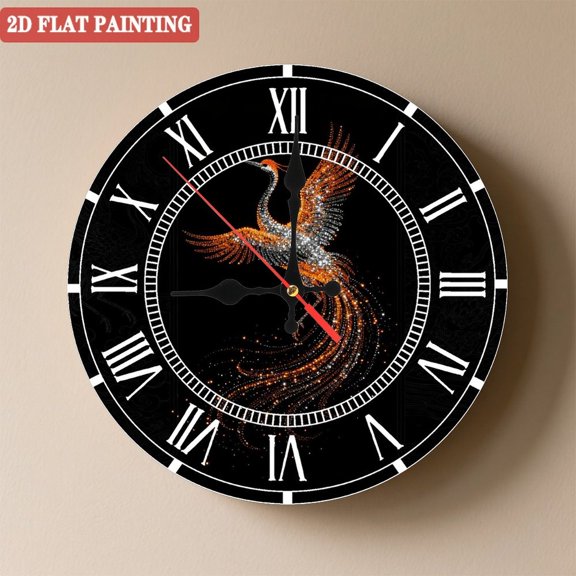 Wooden Wall Clock with Golden Phoenix Pattern, Silent Movement, Battery Operated (AA Batteries Not Included), Artistic Home Decor, 10×10inch (25×25cm)