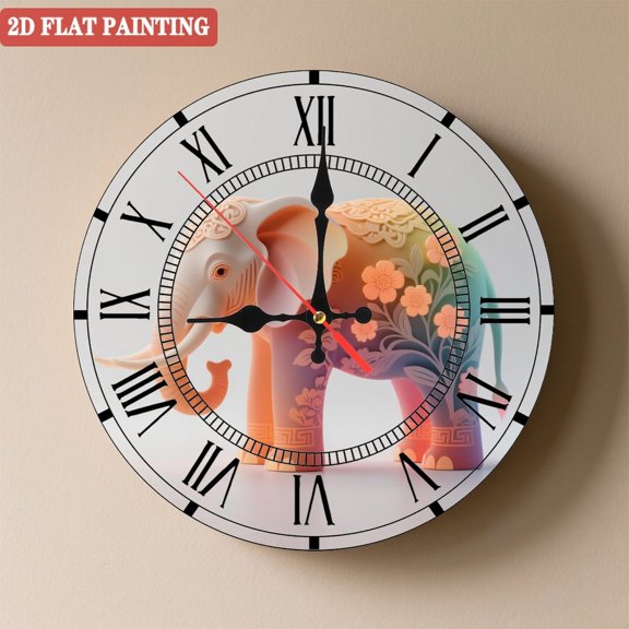 Wooden Wall Clock with Pastel Gradient Elephant with Floral & Lace Pattern, Silent Movement, Battery Operated (AA Batteries Not Included), Artistic Home Decor, 10×10inch (25×25cm)