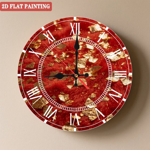 Wooden Wall Clock with Red-Gold Foil Texture Pattern, Silent Movement, Battery Operated (AA Batteries Not Included), Artistic Home Decor, 10×10inch (25×25cm)