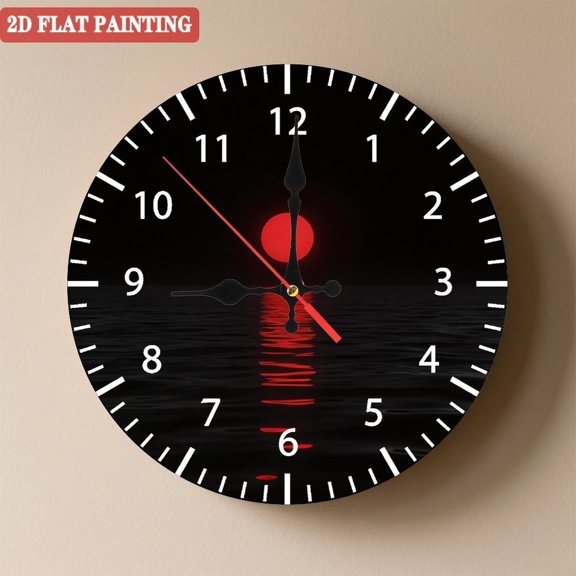 Wooden Wall Clock with Red Moon Reflection on Dark Water, Silent Movement, Battery Operated (AA Batteries Not Included), Artistic Home Decor, 10×10inch (25×25cm)