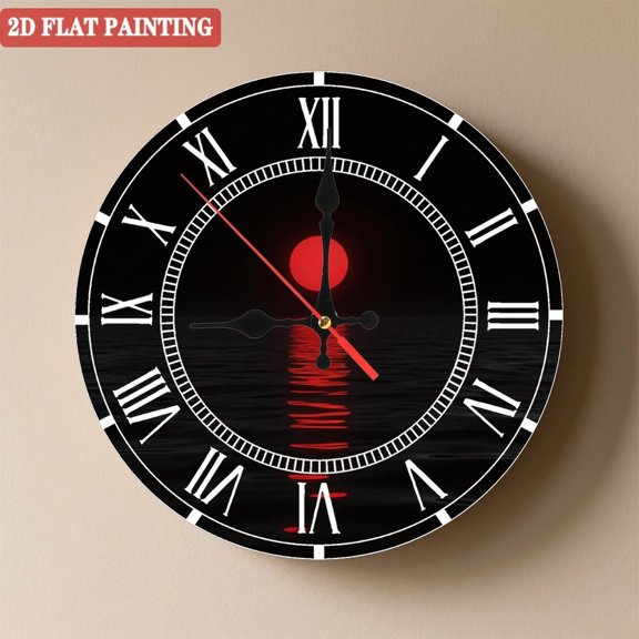 Wooden Wall Clock with Red Moon Reflection on Dark Water, Silent Movement, Battery Operated (AA Batteries Not Included), Artistic Home Decor, 10×10inch (25×25cm)