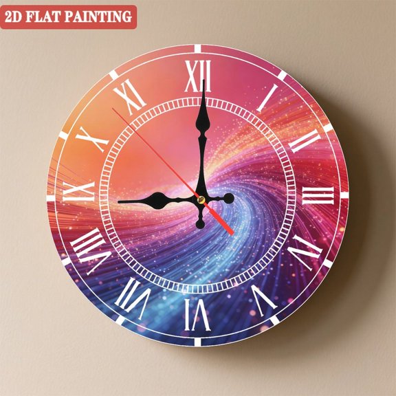 Wooden Wall Clock with Red-Orange-Purple-Blue Swirl Vortex Pattern, Silent Movement, Battery Operated (AA Batteries Not Included), Artistic Home Decor, 10×10inch (25×25cm)