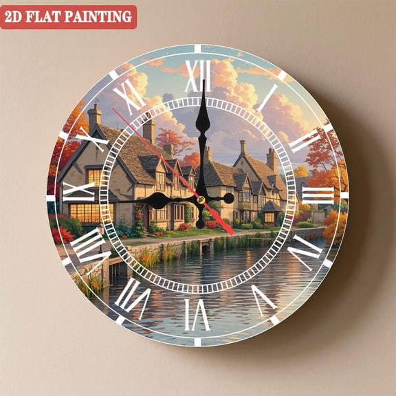 Wooden Wall Clock with Riverside Village Scene Print Roman Numerals for Artistic Home Decor, Battery Operated(AA Batteries Not Inclued), Silent Movement, Accurate Time, Size 9. 8in/25cm