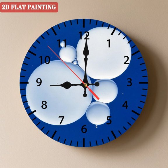 Wooden Wall Clock with Royal Blue Bubble Ink Pattern, Silent Movement, Battery Operated (AA Batteries Not Included), Artistic Home Decor, 10×10inch (25×25cm)