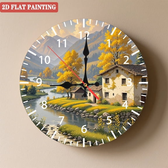 Wooden Wall Clock with Rural Landscape Print Arabic Numerals for Artistic Home Decor, Battery Operated(AA Batteries Not Inclued), Silent Movement, Accurate Time, Size 9. 8in/25cm