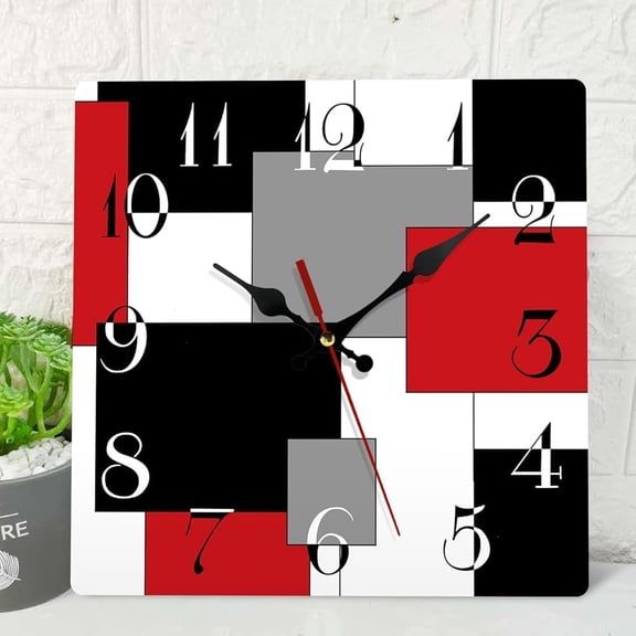 Wooden Wall Clock Silent Non-Ticking, Abstract Yellow Black Grey Geometric Minimalist Checkered Square Rustic Wall Clocks Decor for Home Kitchen Living Room Office, Battery Operated(10 Inch)