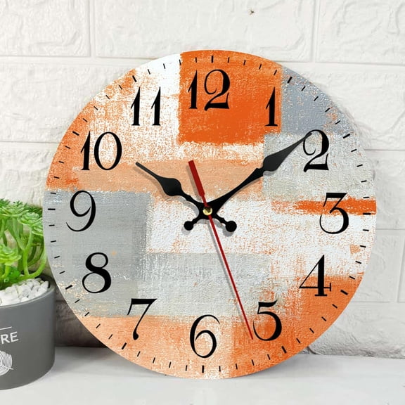 Wooden Wall Clock Silent Non-Ticking, Boho Mid Century Sun Mountain Modern Orange Green Round Rustic Wall Clocks Decor for Home Kitchen Living Room Office, Battery Operated